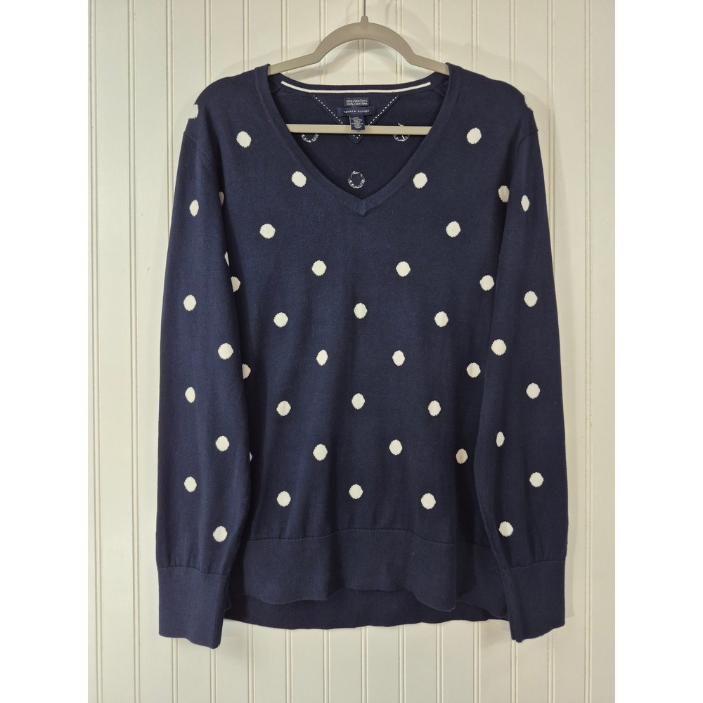 Tommy Hilfiger Womens XXL Navy Blue Polka Dot 100% Pima Cotton V-Neck Sweater